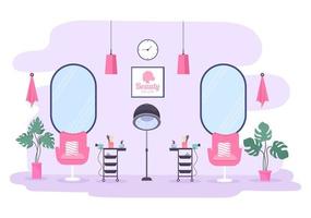 ilustração de design plano de interior de salão de beleza há móveis, mesa, cadeiras, banheira, espelho ou secador de cabelo para lavar, manicure, pedicure, corte de cabelo e maquiagem vetor