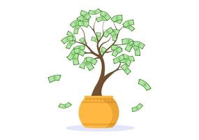 árvore do dinheiro de negócios financeiros investimento lucro design plano ilustração vetorial com notas de dólar e moedas de ouro para cartaz ou plano de fundo vetor