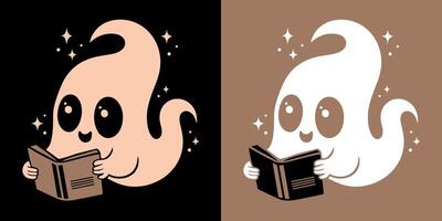 Folha fantasma lendo uma livro ilustração outono estação estético fofa desenhando livro amantes livresco bruxa adesivo vetor