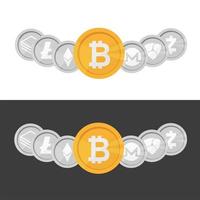 Conjunto de moedas com logotipo de criptomoeda - bitcoin em fundo preto e branco vetor