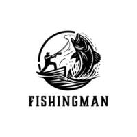 pescaria esporte logotipo ilustração com grande peixe, pescaria homem com grande peixe vetor