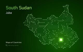 sul Sudão mapa com uma capital do juba mostrando dentro uma microchip padronizar com processador. e-governo. mundo países mapas. microchip Series vetor