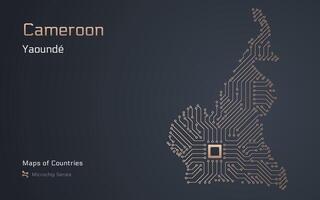 Camarões mapa com uma capital do yaounde mostrando dentro uma microchip padronizar com processador. e-governo. mundo países mapas. microchip Series vetor