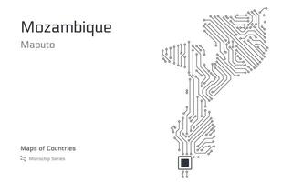Moçambique mapa com uma capital do maputo mostrando dentro uma microchip padronizar. e-governo. mundo países mapas. microchip Series vetor