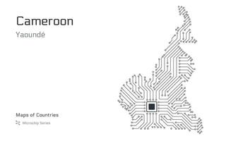 Camarões mapa com uma capital do yaounde mostrando dentro uma microchip padronizar com processador. e-governo. mundo países mapas. microchip Series vetor