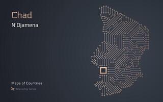 Chade mapa com uma capital do n'djamena mostrando dentro uma microchip padronizar com processador. e-governo. mundo países mapas. microchip Series vetor