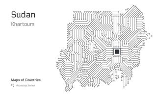 Sudão mapa com uma capital do Cartum mostrando dentro uma microchip padronizar com processador. e-governo. mundo países mapas. microchip Series vetor