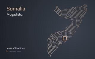 Somália mapa com uma capital do mogadíscio mostrando dentro uma microchip padronizar com processador. e-governo. mundo países mapas. microchip Series vetor