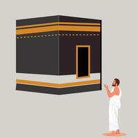 hajj ilustração com homem Rezar às meca vetor