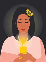 uma queimando vela dentro a mãos do uma mulher em uma Preto vertical fundo ilumina e aquece seus lar. Ucrânia sem eletricidade e calor dentro 2022. vetor