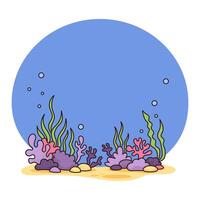 panorama embaixo da agua inferior com algas, corais e areia em azul fundo. ilustração vetor