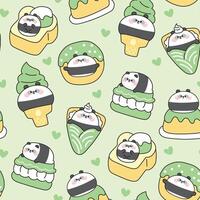 desatado padronizar do fofa gordo panda Urso dentro sobremesa e doce padaria conceito com coração verde background.ice creme, crepe, mel torrada, donut, pudim.selvagem animal personagem cartoon.kawaii vetor