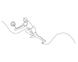 contínuo solteiro linha desenhando do masculino voleibol atleta saltos para a lado enquanto bloqueio a oponentes ataque bola. voleibol torneio evento . Projeto ilustração vetor