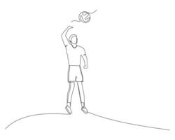 contínuo solteiro linha desenhando do masculino voleibol jogador saltos para bater a bola. voleibol torneio evento . Projeto ilustração vetor