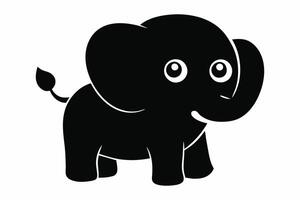 fofa Preto elefante desenho animado com grande orelhas e Largo olhos. bebê animal, adorável ilustração, crianças arte, brincalhão Projeto conceito. Preto silhueta isolado em branco fundo. vetor