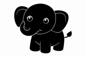 fofa Preto elefante desenho animado com grande orelhas e Largo olhos. bebê animal, adorável ilustração, crianças arte, brincalhão Projeto conceito. Preto silhueta isolado em branco fundo. vetor