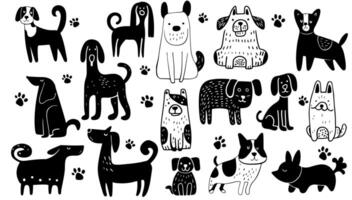 Preto e branco mão desenhado infantil conjunto cachorros ilustração. animal desenho animado fofa rabisco animal arte e engraçado desenhando coleção. adorável mamífero veterinario esboço vetor