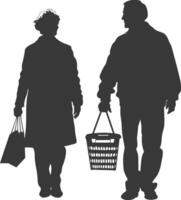 silhueta idosos homem e idosos mulheres com compras cesta cheio corpo Preto cor só vetor