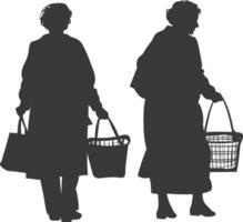 silhueta idosos mulheres com compras cesta cheio corpo Preto cor só vetor