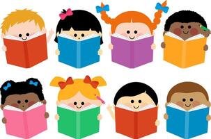 diverso grupo do crianças lendo livros. grupo do Rapazes e meninas lendo livros. aluna pré-escolar crianças estude livros. vetor
