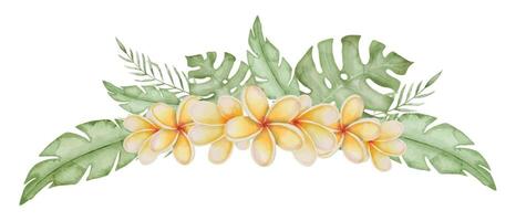 plumeria aguarela ilustração. frangipani flor com tropical Palma folhas. mão desenhado floral fronteira para quadro, Armação em isolado fundo. ramalhete do exótico verão plantas para convites ou cartões vetor