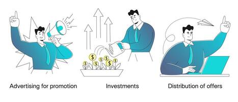 homem de negocios financeiro consultor investidor dentro plano moderno estilos. financeiro alfabetização conceito, mútuo fundo ou crescendo investimento, lucro crescimento ou renda aumentar, poupança, de ativos gestão conceito vetor