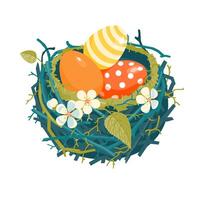 ninho com ovos e Primavera flores ilustração vetor