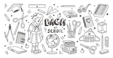 coleção de doodle de material escolar. mão ilustrações desenhadas. de volta ao conceito de escola. vetor em fundo branco