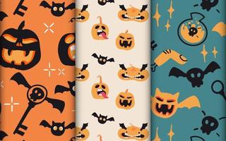 conjunto de giro mão desenhada halloween padrão sem emenda com abóboras e morcego para impressão e design. ilustração vetorial isolada em estilo cartoon vetor