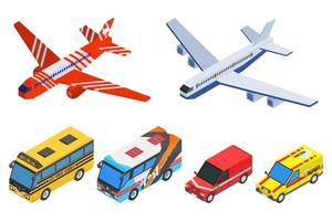 seleção de aviões de ônibus isométricos para transporte de passageiros vetor