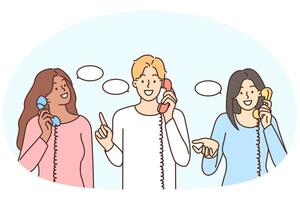 sorridente diverso pessoas conversa em telefone fixo telefones vetor
