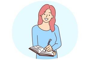 sorridente mulher escrevendo dentro caderno vetor
