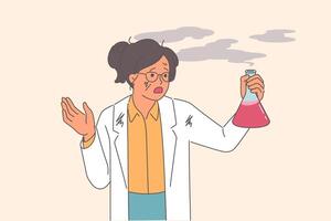 mulher cientista com experiência fracasso quando mistura reagentes, detém fumar teste tubo dentro mãos vetor
