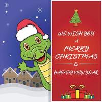 cartão, folheto, convite e cartaz de feliz Natal. bonito design de personagens de crocodilo usando chapéu. vetor