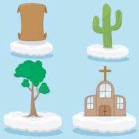 ilustração em vetor de ícone de papel, cacto, madeira, igreja nas nuvens e fundo de cor azul.