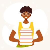 jovem sorridente africano americano cara segurando pilhas do livros. plano desenho animado personagem do estudante, rato de biblioteca. lendo e estudando conceito vetor