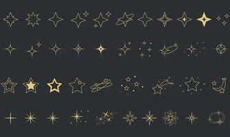conjunto do estrelas ícones, decorativo linar elementos, coleção, brilhos, formas, contorno, mão retirou, isolado, brilhante, estilo, rabisco, abstrato, símbolo, ouro vetor