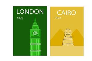 viagem destinos Londres e Cairo - Europa e Ásia cartazes conjunto vetor