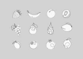 frutas ícones morango, banana, damasco, kiwi, uvas, pera, Dragão fruta, manga, pêssego, mirtilo romã marmelo desenhando dentro linear estilo em cinzento fundo vetor