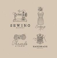 de costura símbolos máquina, manequim, lã, fio com letras desenhando dentro floral estilo em café cor fundo vetor