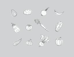 legumes ícones abacate, batata, cebola, Pimenta, beringela, tomate, cenoura, alface, pepino, alho beterraba Pimenta desenhando dentro linear estilo em cinzento fundo vetor