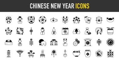 chinês Novo ano ícone. tal Como lunar ano, mascarar, imperador, bule de chá, Dragão, flor, Pequim, carpas, bolinho de massa, cabaça, envelope, vermelho, calendário, chapéu, dinheiro, pratos, tambor, fogo de artifício ícones. vetor