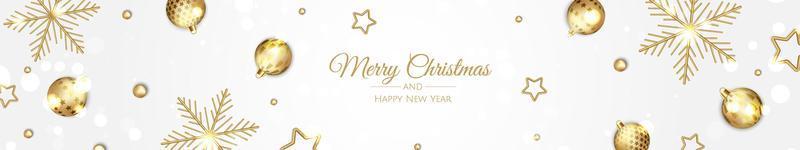 banner de natal. projeto do Natal do fundo com bolas de Natal, confetes de ouro, árvore de Natal. cartaz horizontal de ano novo, cartão, cabeçalho, site. vetor