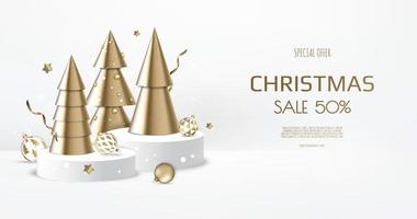 fundo de Natal e ano novo. árvores de Natal cônicas de ouro. composição do feriado de inverno. cartão de felicitações, banner, pôster, cabeçalho para site vetor