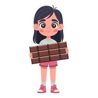 feliz menina segurando chocolate bar, desenhado à mão, plano ilustração, branco fundo vetor