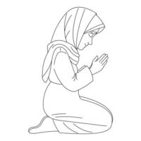 fofa menina dentro lenço de cabeça Rezar em joelhos com fechadas olhos, lendo oração, desenhado à mão, linha arte ilustração, branco fundo vetor