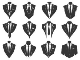 o negócio ternos com gravata silhueta definir, ternos gravata silhueta, plano terno e gravata ícone, smoking silhueta, à moda profissional smoking. vetor