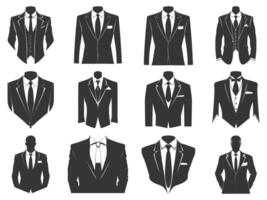 o negócio ternos com gravata silhueta definir, ternos gravata silhueta, plano terno e gravata ícone, smoking silhueta, à moda profissional smoking. vetor