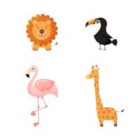 conjunto do animais leão girafa tucano flamingo. vetor