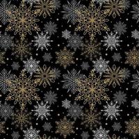 padrão sem emenda com flocos de neve de ouro, brancos e cinza em fundo preto. design de natal. pode ser usado para papel de embrulho de presente, estampas, tecidos, têxteis, web design vetor